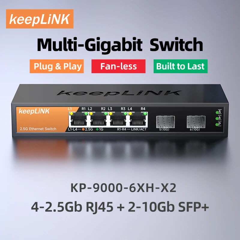 KeepLiNK 6-Port Multi-Gigabit Switch with 4-port 2.5Gb Ethernet and 2-port 10G SFP+