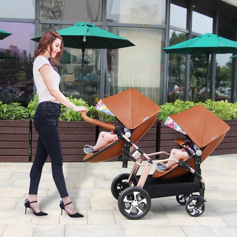 AGAPE 3-in-1 Twin Baby Stroller PU Leather Fabric Frame Easy Folding Carrier for Outdoor Travel Accommodates Two Babies