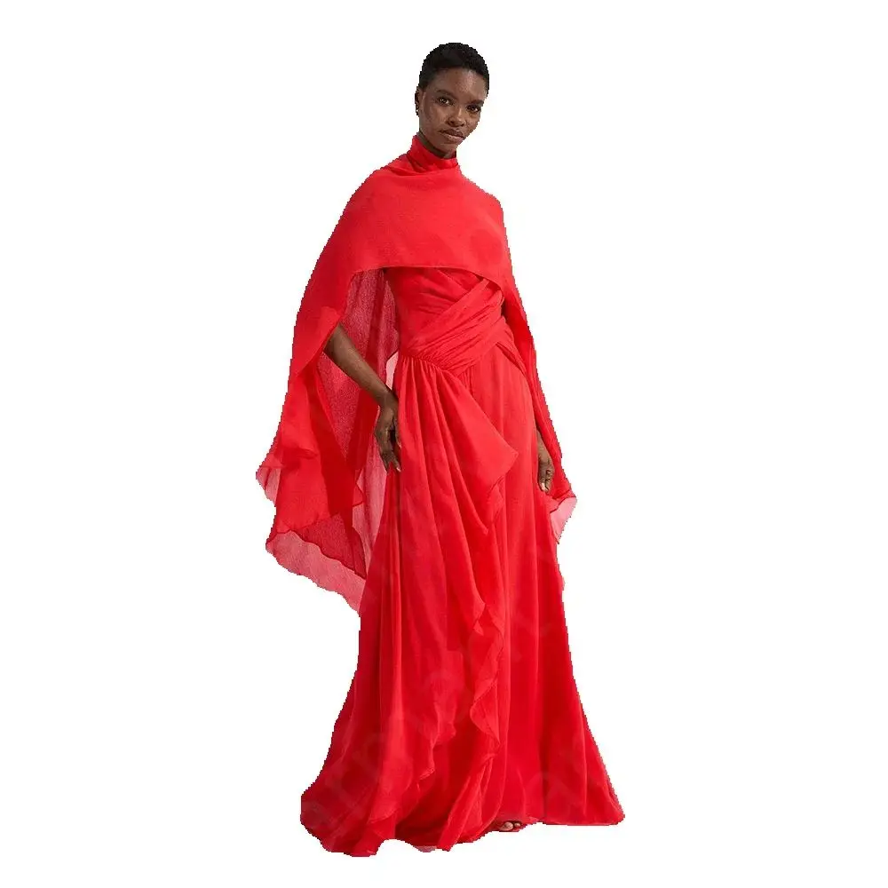 Aangepaste vintage rode avondjurken met cape galajurken hoge hals bruiloftsgastjurken open rug ruches in de uitverkoop