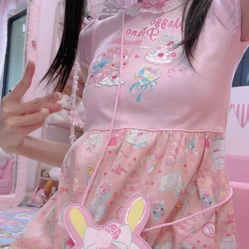 Femmes robe mince sous-culture japonaise Kawaii imprimé t-shirt jupe rose dentelle Patchwork robes courtes femme Harajuku mignon mini-jupe