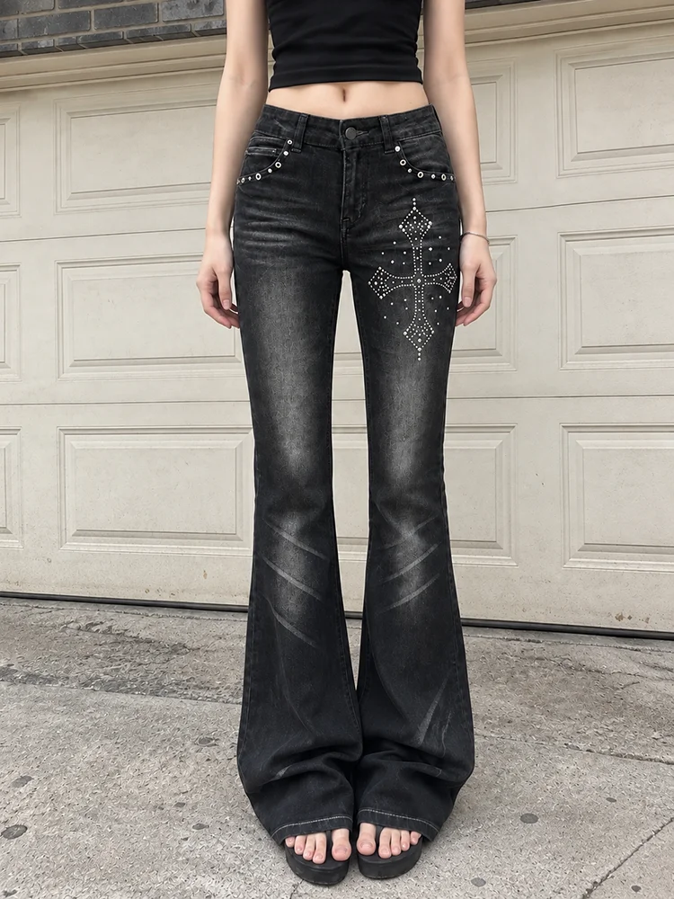 ReddaChic Punk Retro Women Flared Jeans Grunge High Waist Do Old Crystal Cross Eyelets Decor Tight Bell Bottoms Gyaru Streetwear