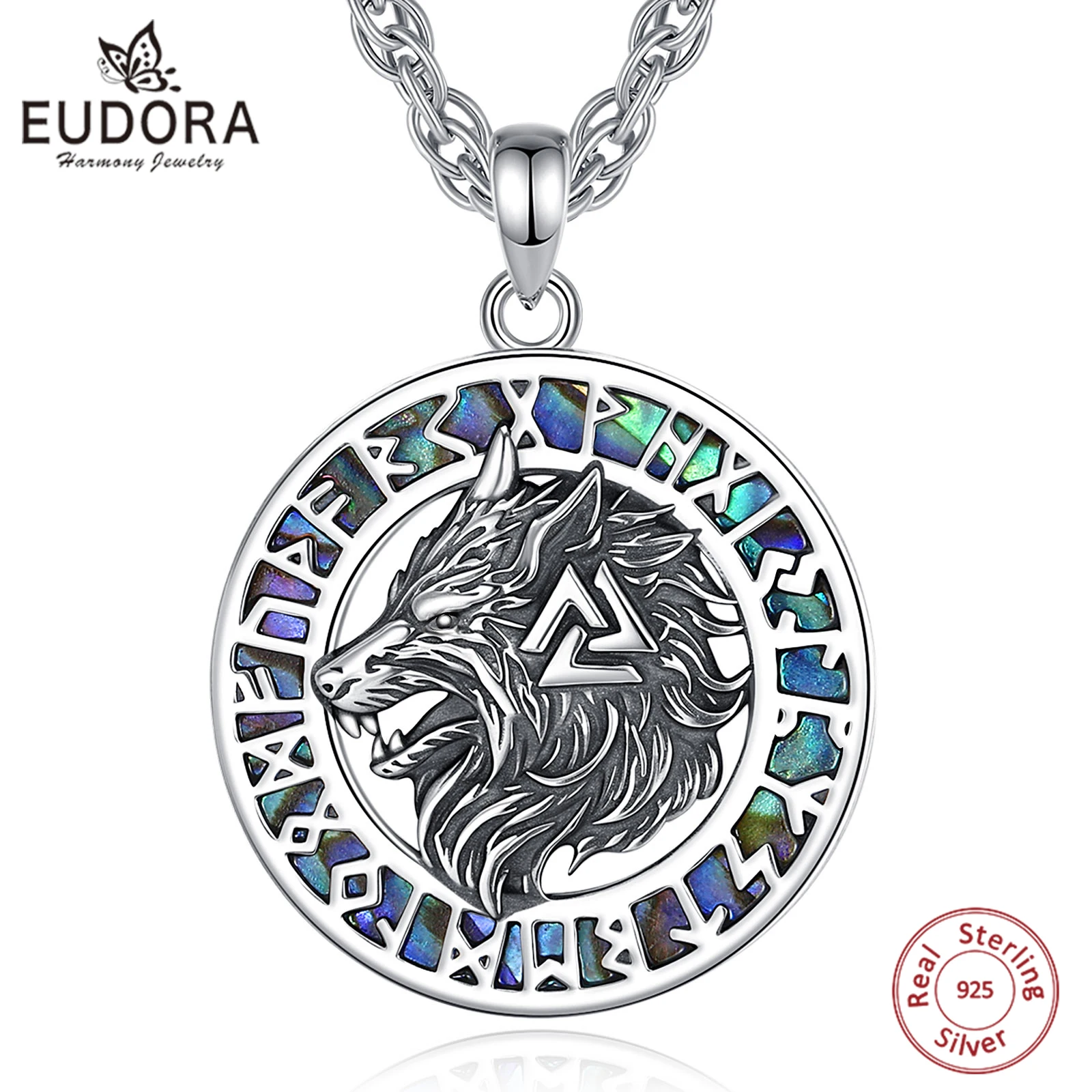 

Eudora 925 Sterling Silver Viking Wolf Necklace Nordic Valknut Rune Amulet Pendant Personality Jewelry Gift for Women Men