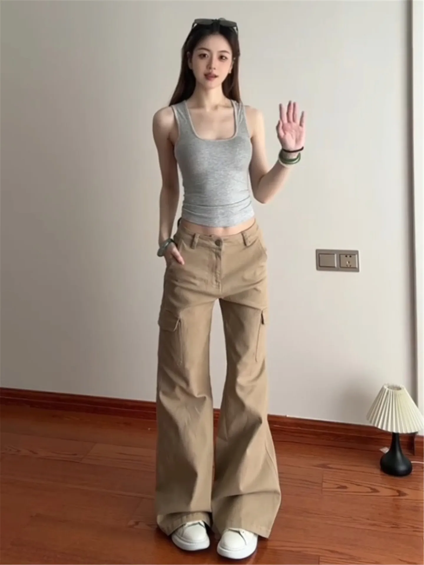 

Low Waist Wide Leg Workwear Jeans Women's Spring Autumn Multiple Pockets Design Long Trousers Khaki Color Casual Cotton Jeans