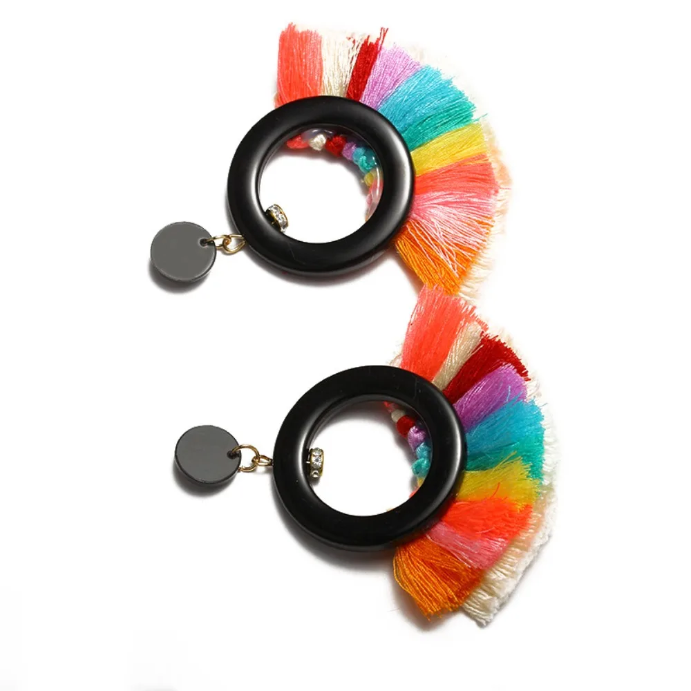 1pair European and American Brand Style Large and Small Round Colored Bohemian Fan-shaped Fringed Earrings