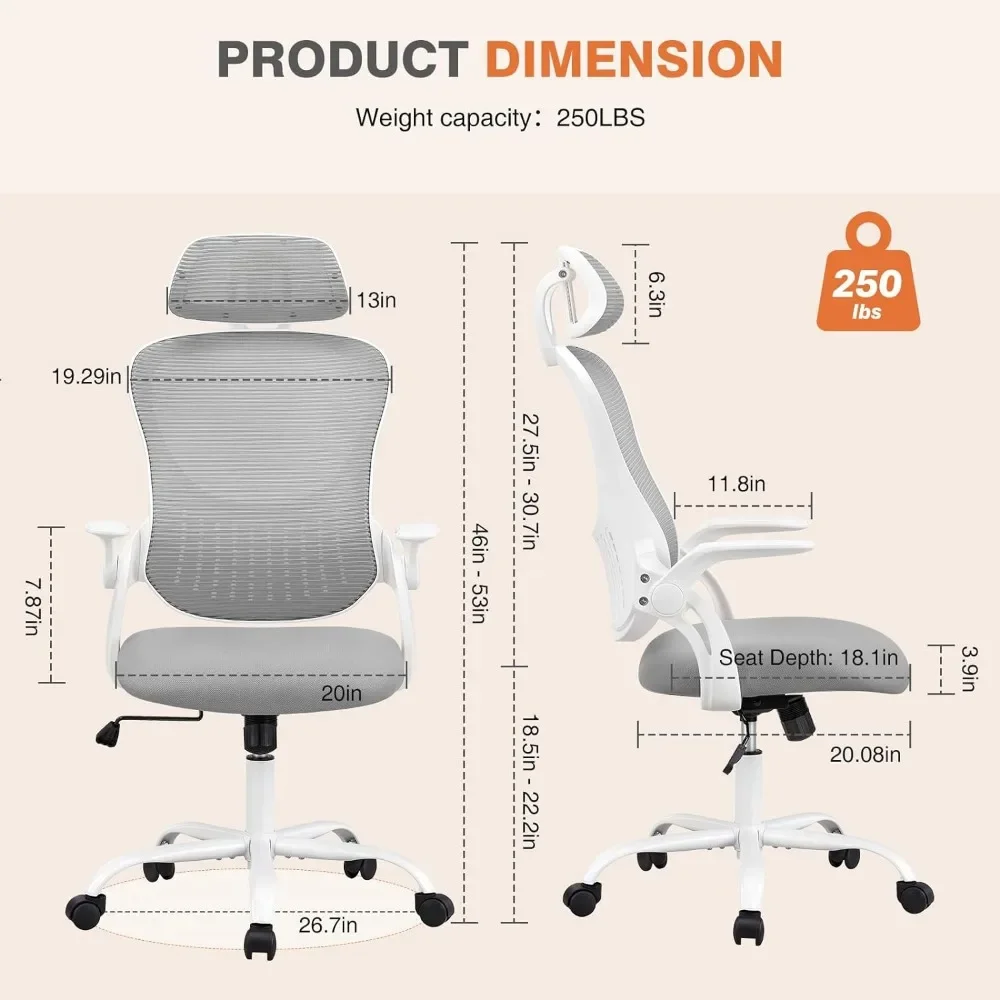 Office Computer Desk Chair, Ergonomic High-Back Mesh Rolling Work Chairs with Wheels and Adjustable Headrests