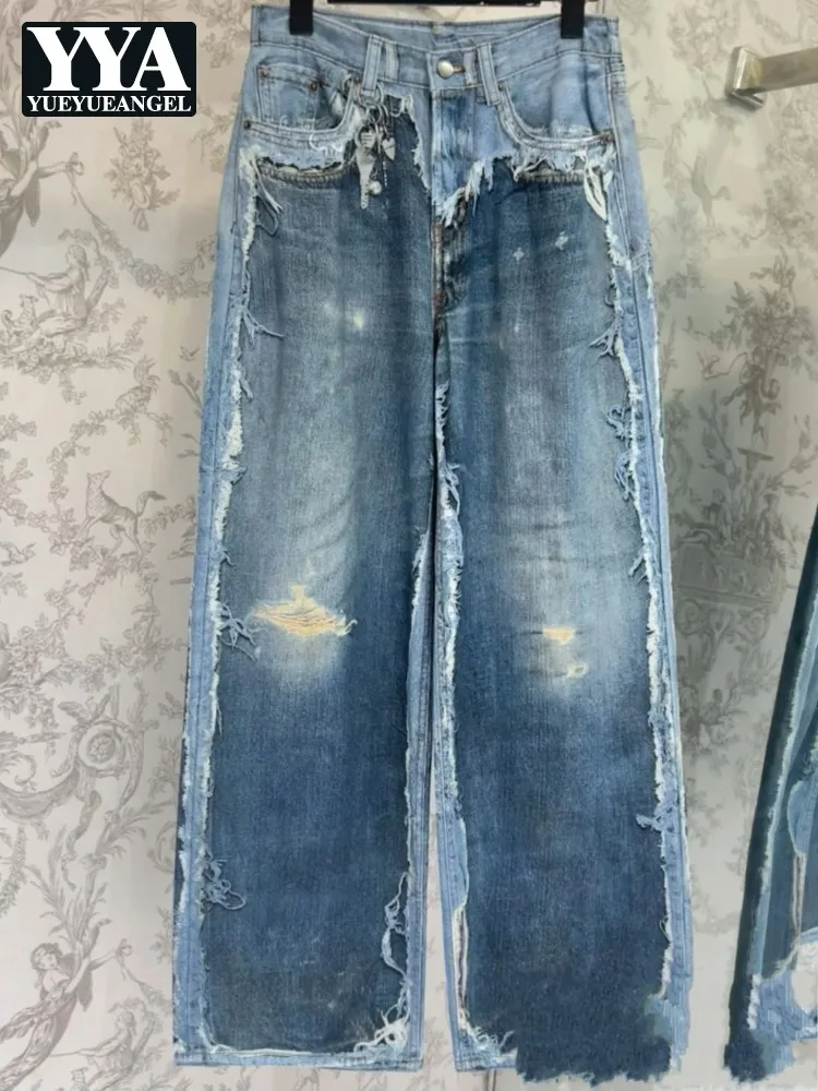 High Street Ladies Button Natural Waist Wide Leg Pants Comfortable Female Pockets Trousers Versatile Solid Color Women Jeans