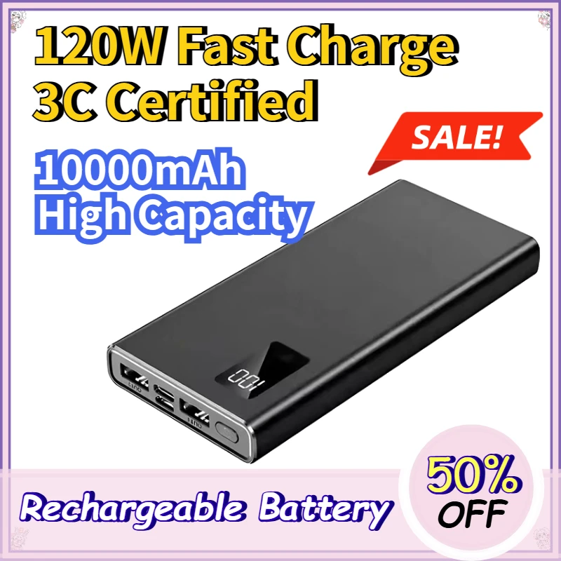 

10000mAh Power Bank 120W Fast Charging 3C Certified High Capacity Portable Universal Battery for Phones