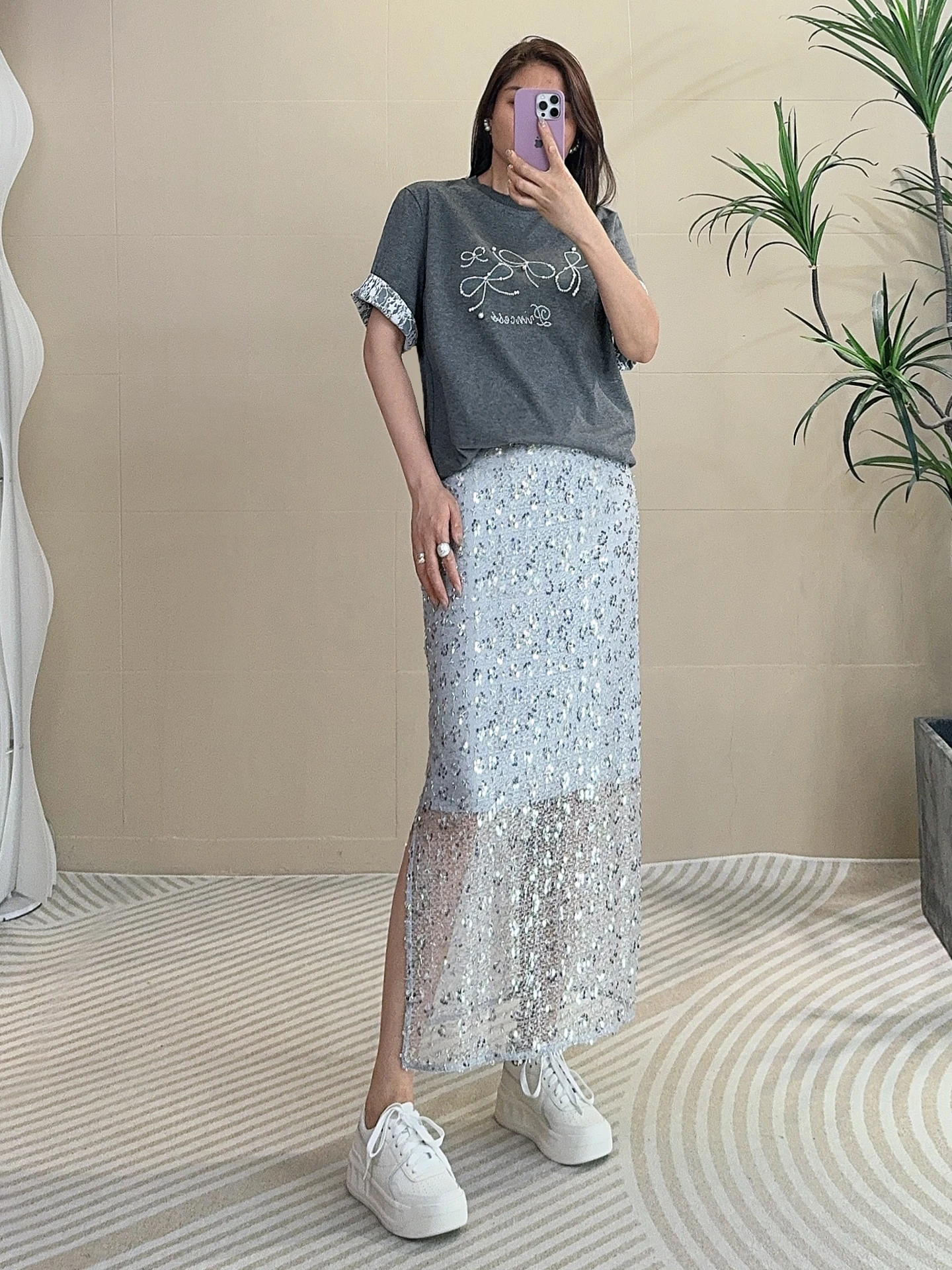 

Модный повседневный комплект Tangmi Home Beads: хлопковая футболка и юбка с пайетками для женщин, летний образ