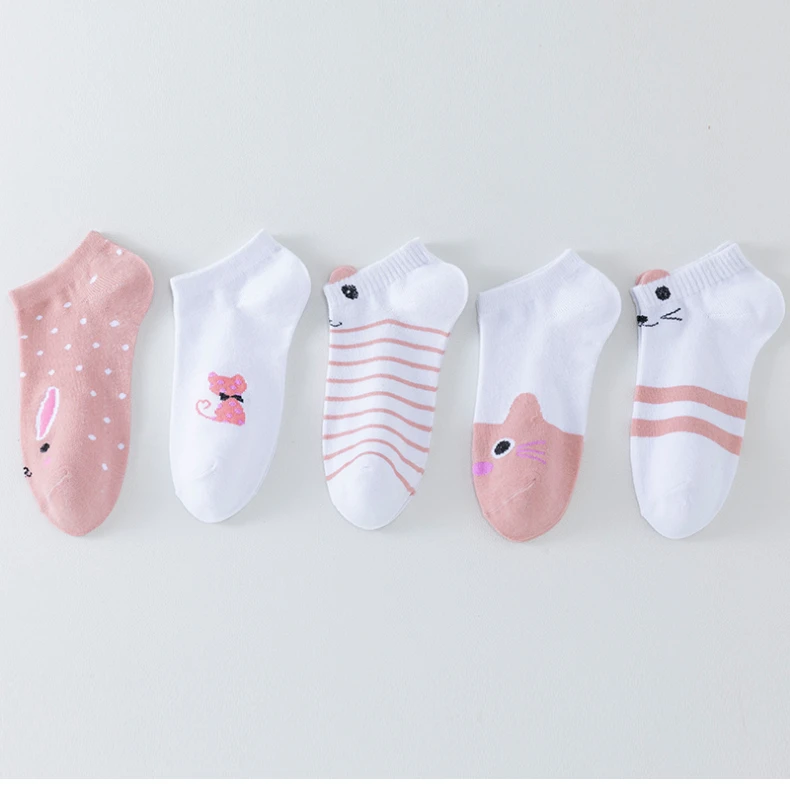 5 Paar kurze Damensocken, Pink Cat Thin, niedliche Ganzjahres-Bootsocken, Slow Top, modische Bootsocken – Detail 2
