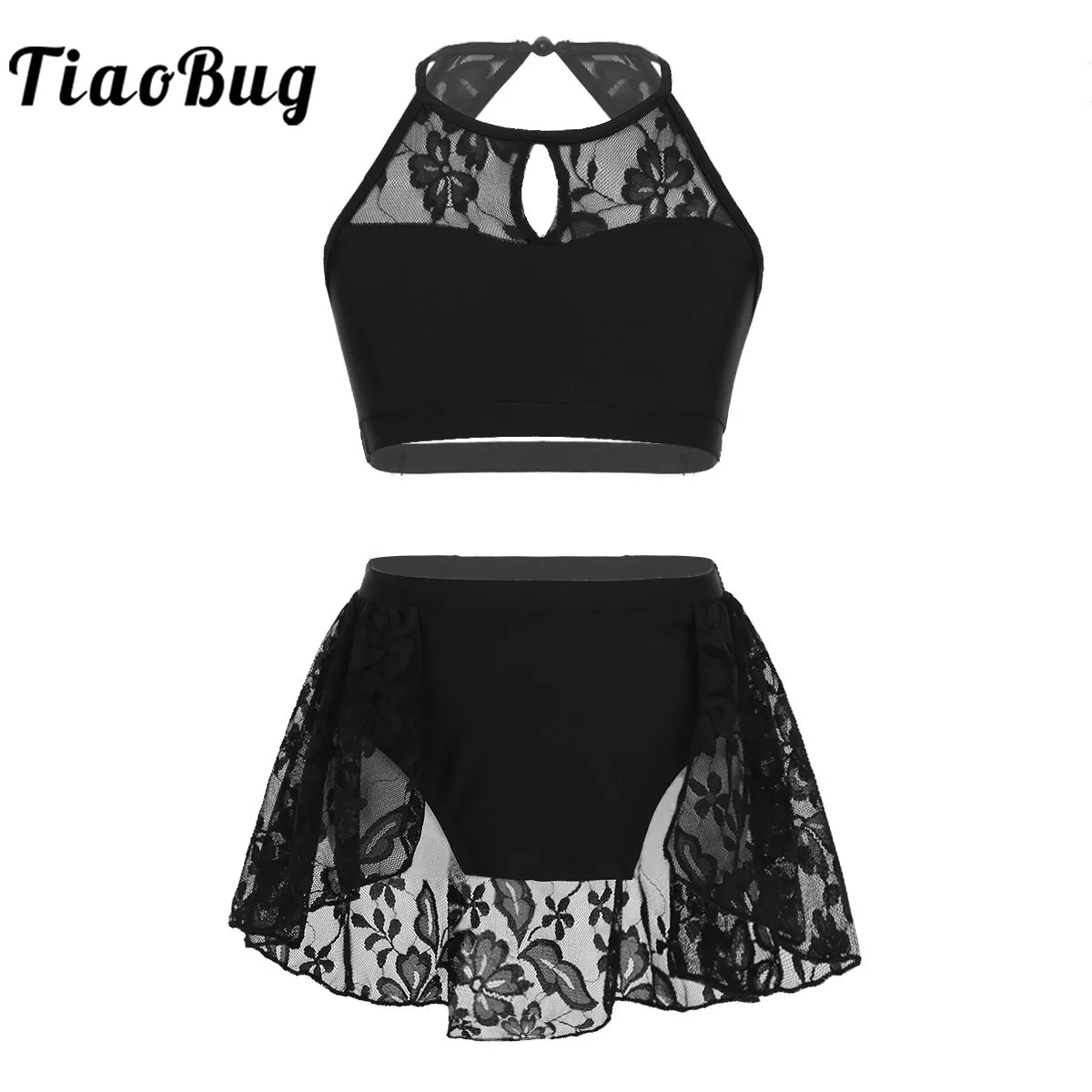 Kids Girls Lace Splice Ballet Tutu Dance Wear Halter Crop Top Shorts Skirt Set Stage Moden Contemporary Lyrical Dance Costumes