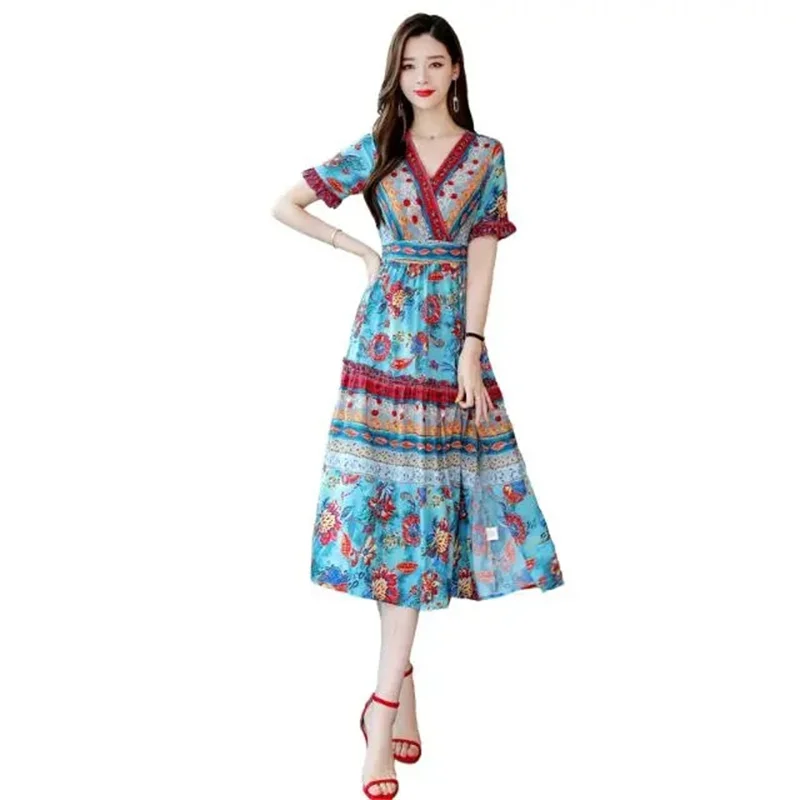 Printed Ｃhiffon Ｄress 2023 Ｓummer Ｎew Ｆashion Ｃomfortable Ｌook Ｓlim Ｅverything Ｗith Ｐopular Ｅthnic Ｗind Ｌong Ｓkirt Ｔide