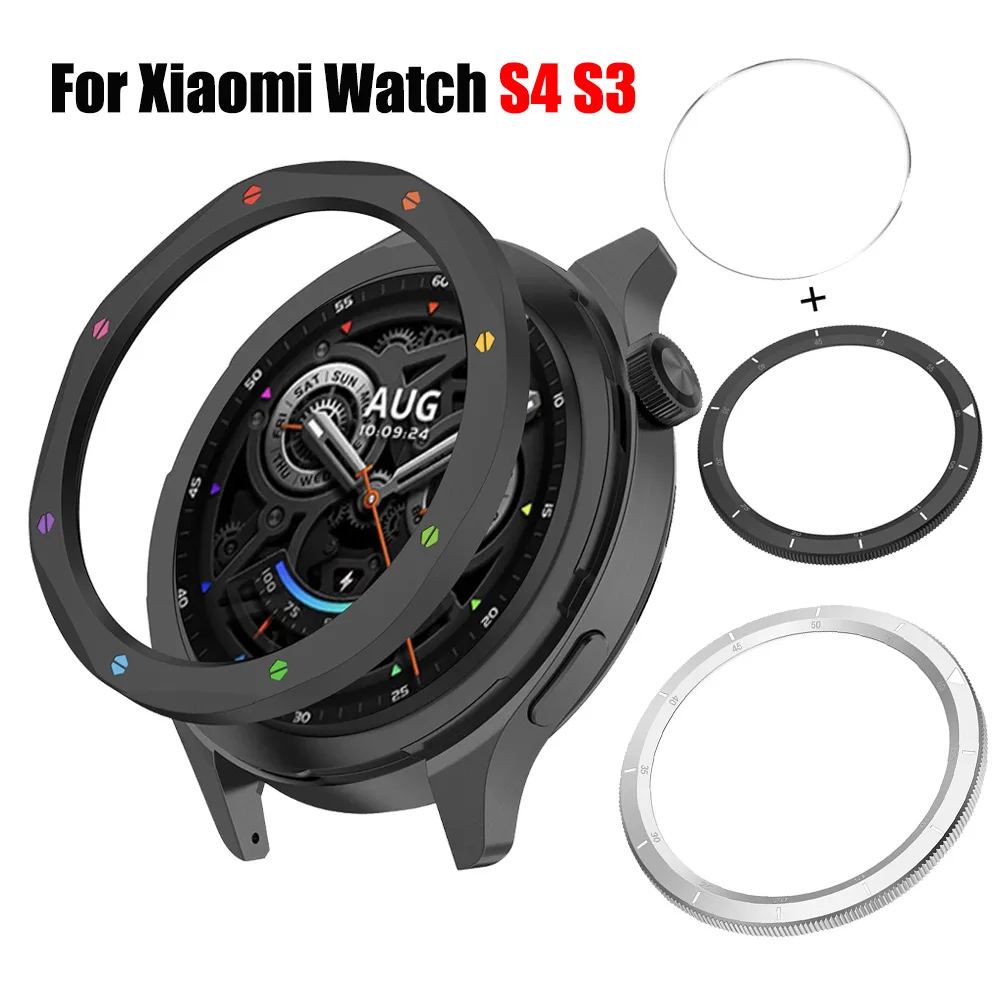Metal Bezel Ring Metal Protector Watch Case Strap Cover Tempered Glass Screen Protector Metal Watch Bezel for Xiaomi Watch S4/S3