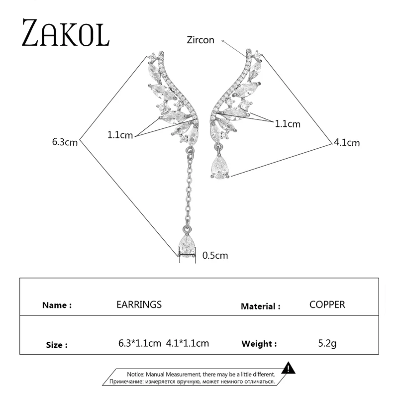 ZAKOL Personality Asymmetrical Wings Earrings for Women Fashion Cubic Zirconia Drop Earring Female Party Jewelry EP5425