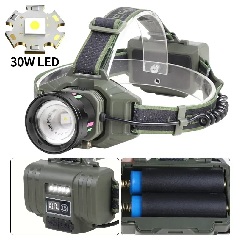 

30W LED Powerful Headlamp Spotlight Zoom Headlight Long Range Head Flashlight Strong Light Lamp Outdoor Fishing support Output