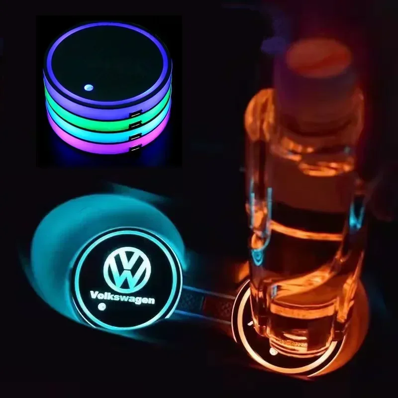 New 7 Color LED Car Cup Holder Light Luminous Coaster Water Cup Pad For VW Volkswagen Polo Jetta Golf Beetle CC GTI golf Sticker - view 2