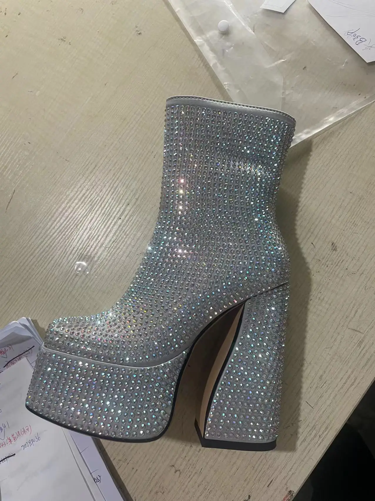 Platform Rhinestone Ankle Boots Side Zip Block Heels Shiny Crystal Party Dress Stage Booties Women Sexy New Arrival Rubber Shoes