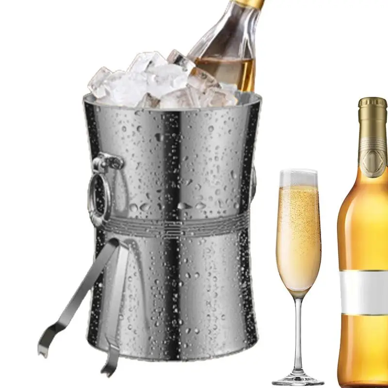 

Ice Bucket With Tongs Double Wall Strainer Handle Home Bar Parties Chilling Beer Champagne Stainless Steel Cooler Buckets