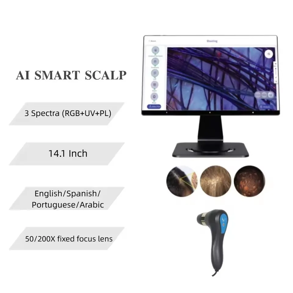 ParametersName: AI Smart Scalp Warranty: 1 Year Screen Size: 14.1 Inch Spectrum：3 Spectra (RGB+UV+PL) Available Language：4 Langu