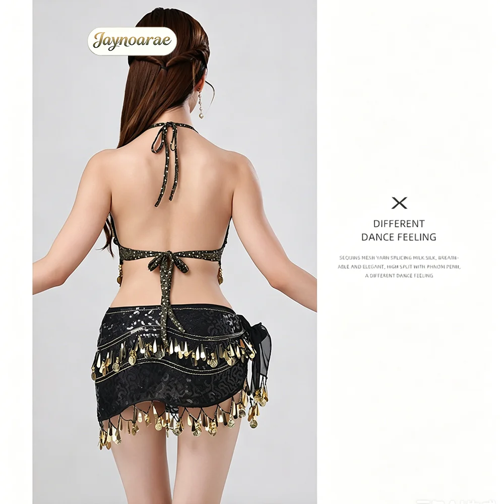 JAYNOARAE Belly Dance Hip Scarf with Crop Top Set, Sequined Fringe Skirt & Glittering Bra Tops view 6