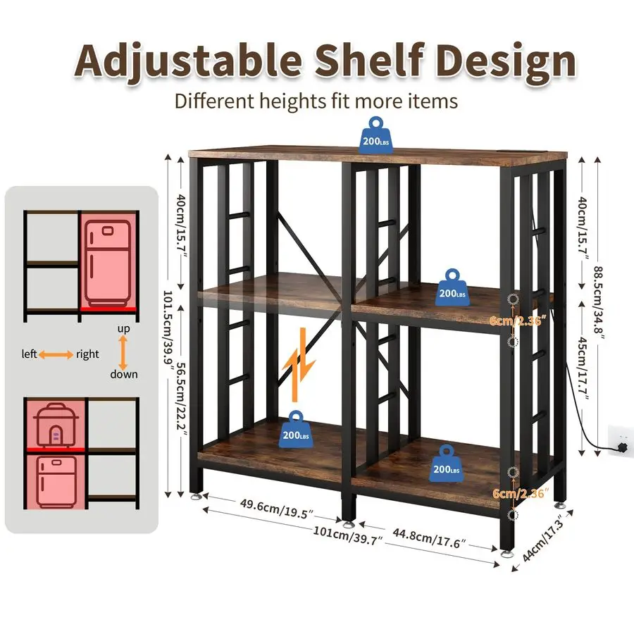Kitchen Bakers Rack with Power Outlet,4Tier Microwave Stand Kitchen Cart,Mini Fridge Stand with Storage,Bar Cabinet,Suitable for
