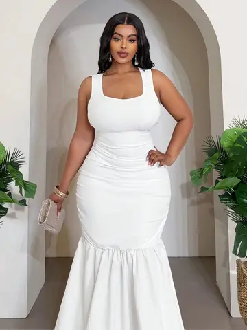 White Plus Size Sleeveless Square Neck Ruched Mermaid Flare Dress For Evening Party Wedding Graduation Event