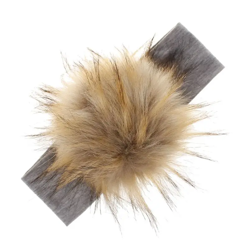 Raccoon Faux Fur Pompoms Baby Headband Cotton Children Girls Elastic Hair Bands