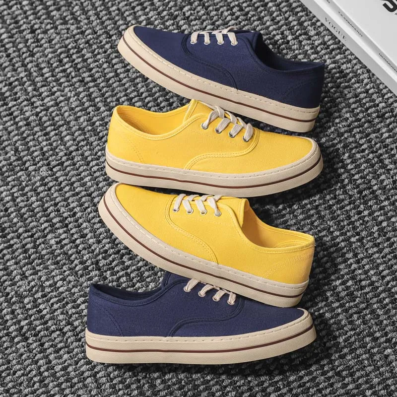 Retro Cream Yellow and Blue Men's Casual Shoes 2026 Fashionable Breathable Canvas Comfortable Non-Slip Outdoor Walking Shoes