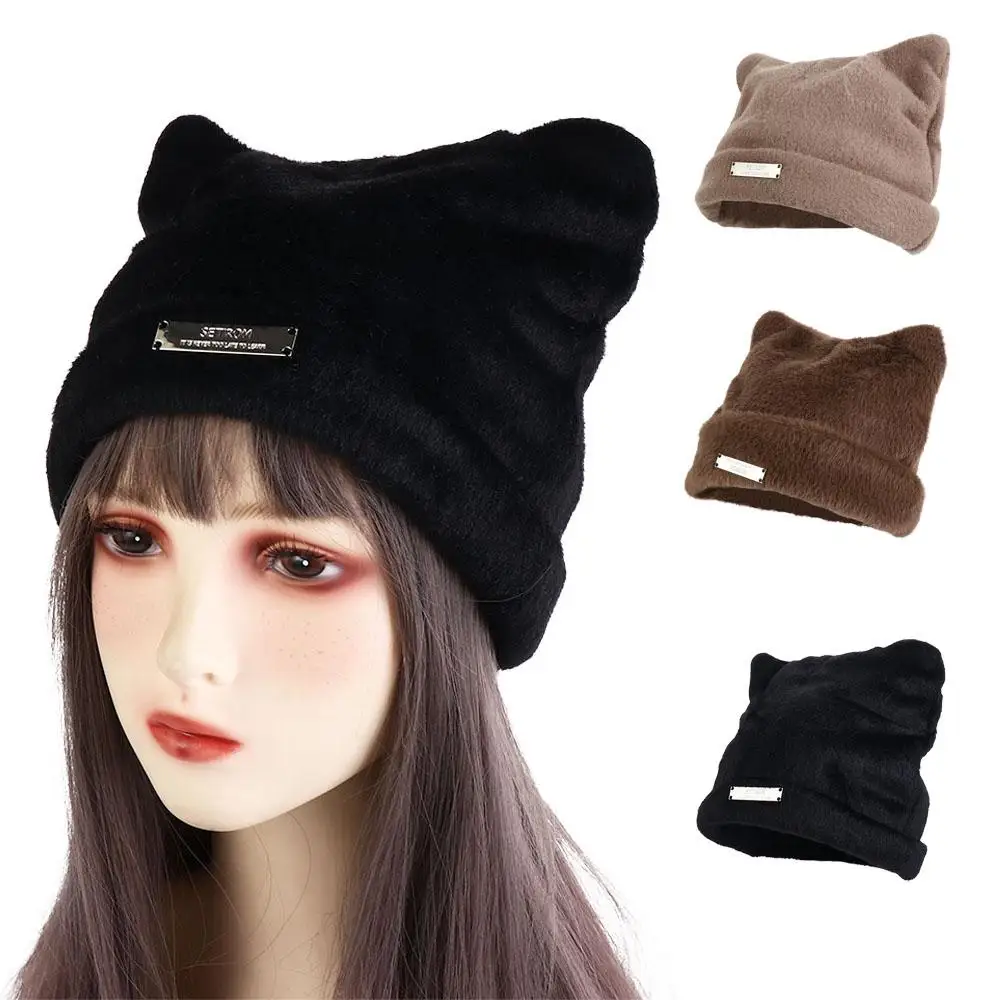 

Cute Letter Cat Ears Hat Bear Ears Fluffy Knitted Cap Skull Cap All-match Winter Plush Hat Streetwear