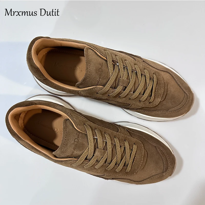 Mrxmus Dutit 2024 Nieuwe Dames Lente Mode Suède Leren Vetersluiting Platte Schoenen Met Dikke Zolen Eenvoudig Casual Vintage Sneaker Vrouwelijke Chic