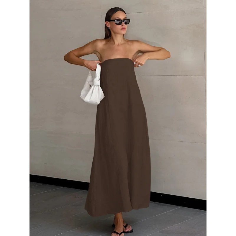 FB-2025 فستان صيفي مثير من القطن الكاكي بدون حمالات للنساء لقضاء العطلات تنورة راميالين غير رسمية ملابس نسائية