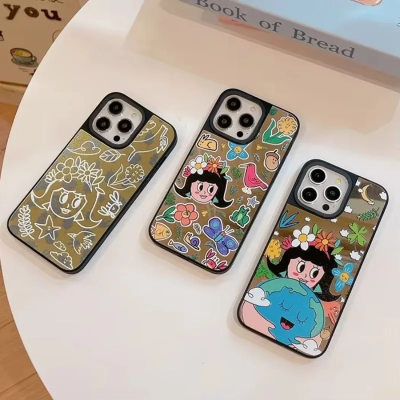 Cartoon Environmental Protection Mirror Surface MagSafe Black Border Phone Case Cover for IPhone 11 12 13 14 15 16 Pro Max Case