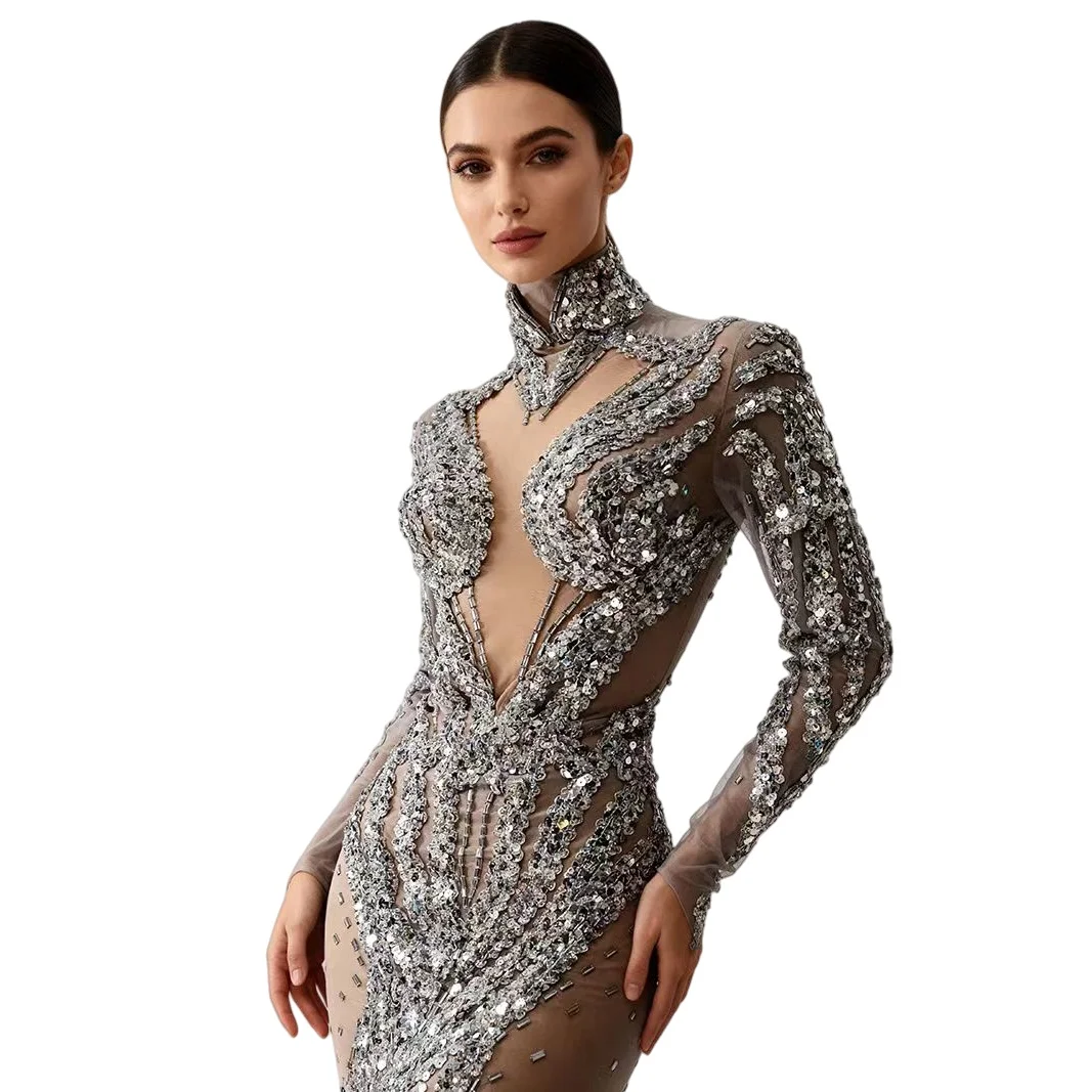 فستان فضي سباركلي ترتر شفاف من خلال Bodycon فستان قصير للنوادي الليلية خارج الحفلات فتاة حار الزي المرحلة حفلة حجر الراين ارتداء Feixiang #1