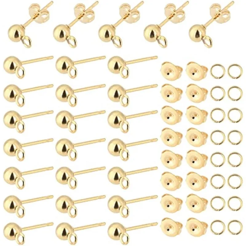 300pcs 18K Gold Ball Post Earring Stud, 100pcs Earring Post with Loop Stainless Steel Earring Components 100pcs