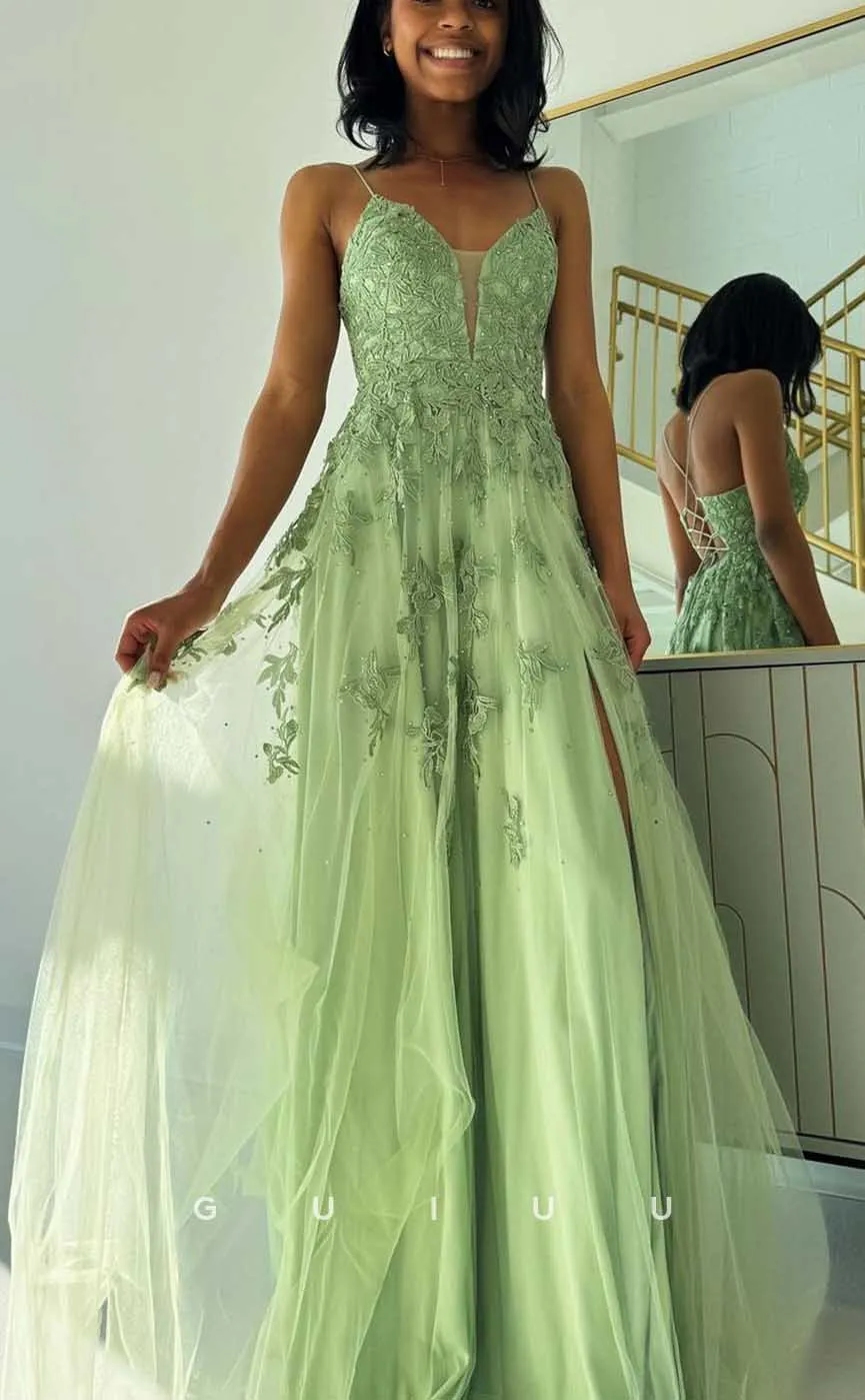 

Sage Green V Neck Prom Dresses Tulle Lace Appliques Long A Line Prom Dress Backless Spaghetti Straps Evening Party Ball Gowns