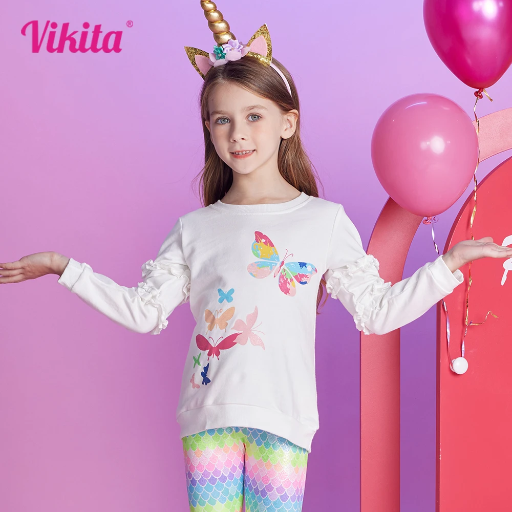 Bluzy dziecięce VIKITA bluzy dziewczęce nadruk z motylem jesienno-wiosenne bawełniane bluzy sportowe dla dzieci 3-12 lat