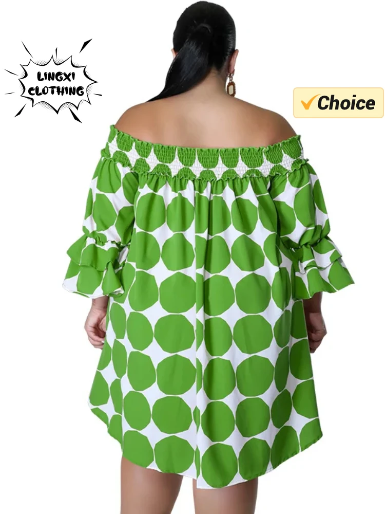 2024 Summer Fashion New Large Women\'s Dress One Shoulder Wrapped Chest Flare Sleeves Fat Shirt Dress Plus Size Women Clothing