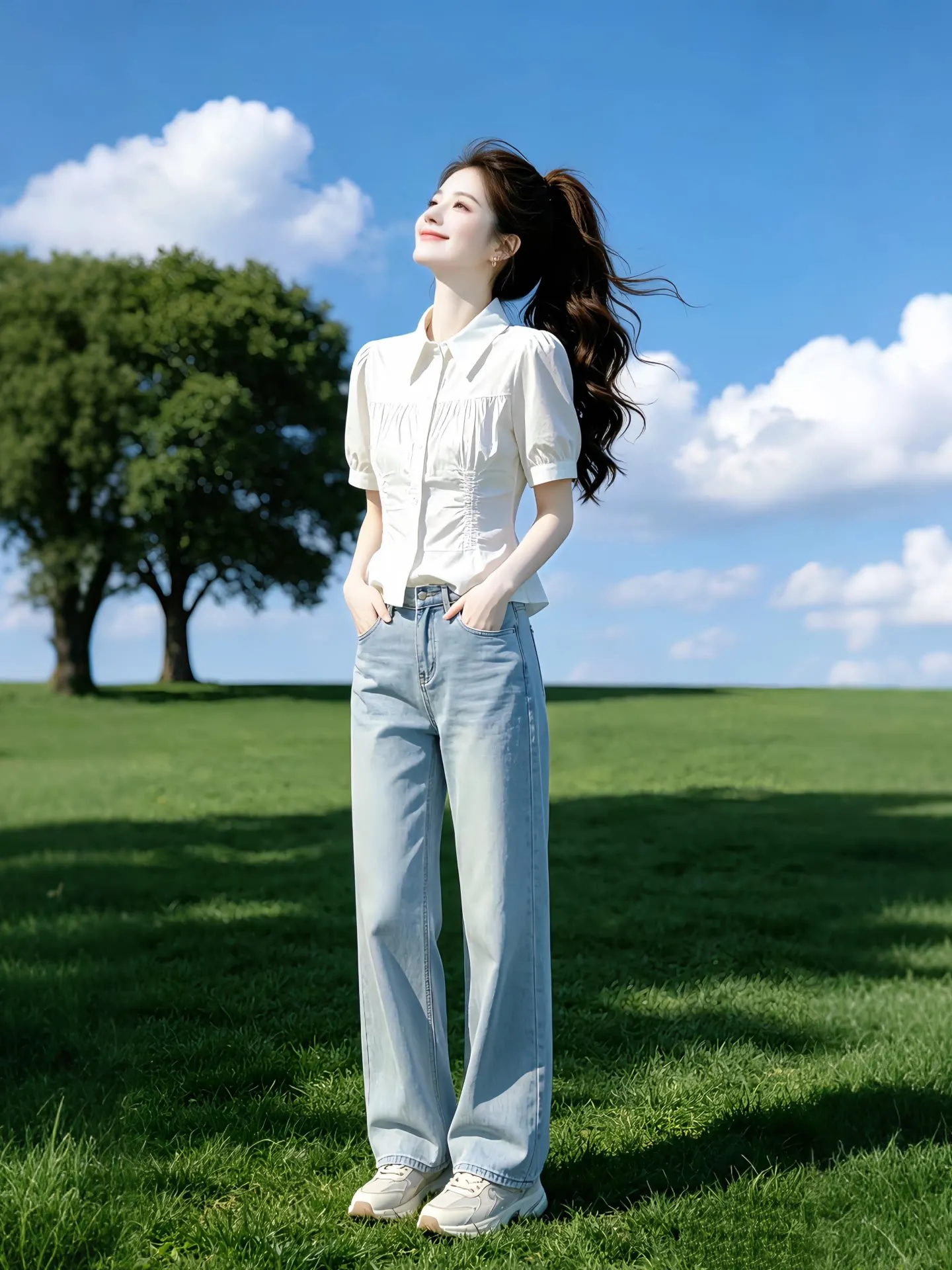

Summer New Style 2026 White Bubble Sleeve Top Waist Cinching Short Sleeve Shirt Korean Version Breathable Skin-Friendly Thin ...