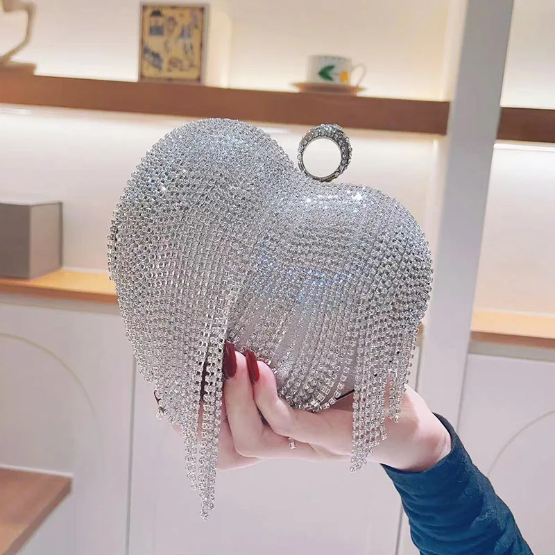 

Роскошная серебряная вечерняя сумочка для женщин, в форме сердца, для выпускного вечера, с кисточками, стразами, наручная сумка-клатч