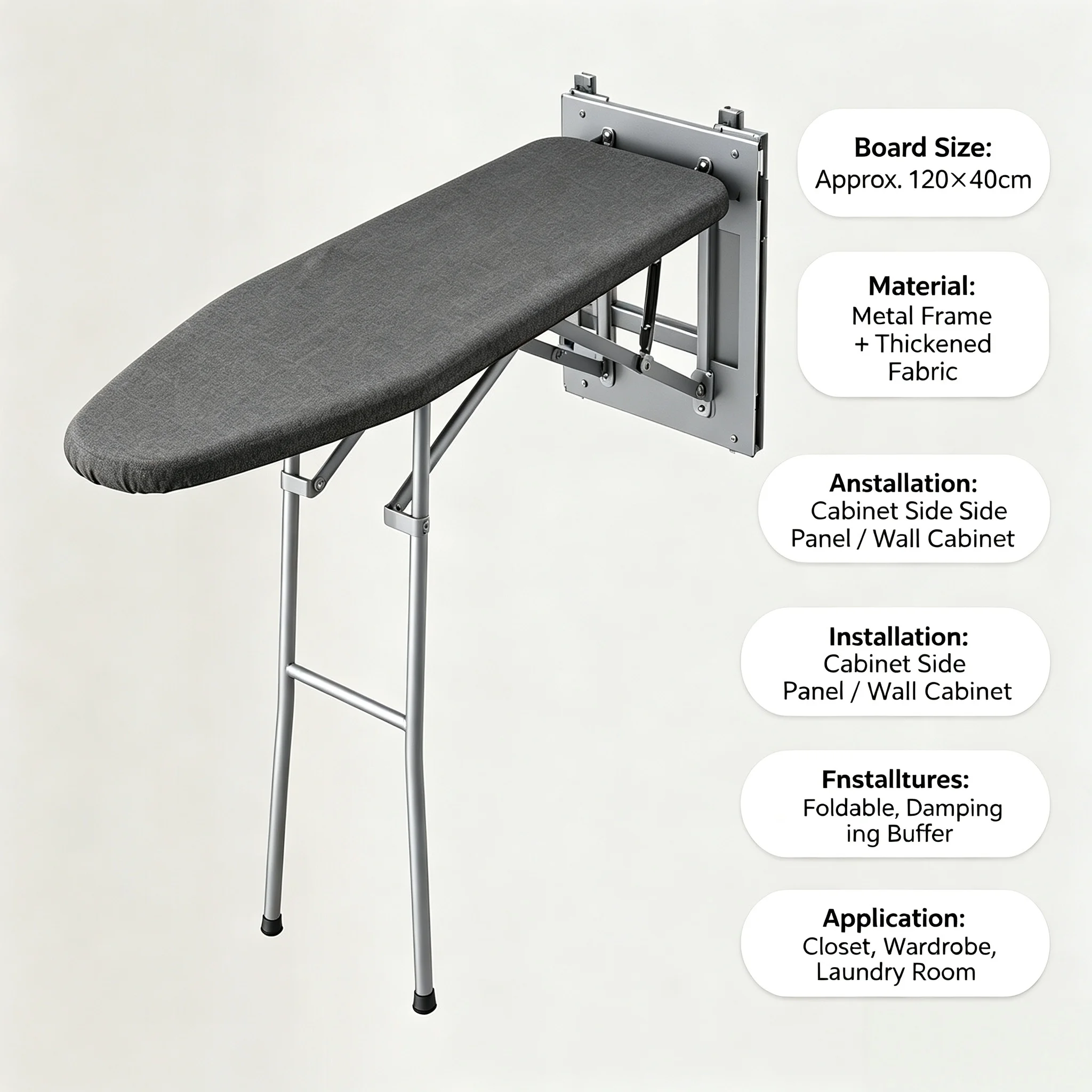 Hidden Pull-out Damping Ironing Board for Wardrobe Closet, Built-in Foldable Cabinet Ironing Board