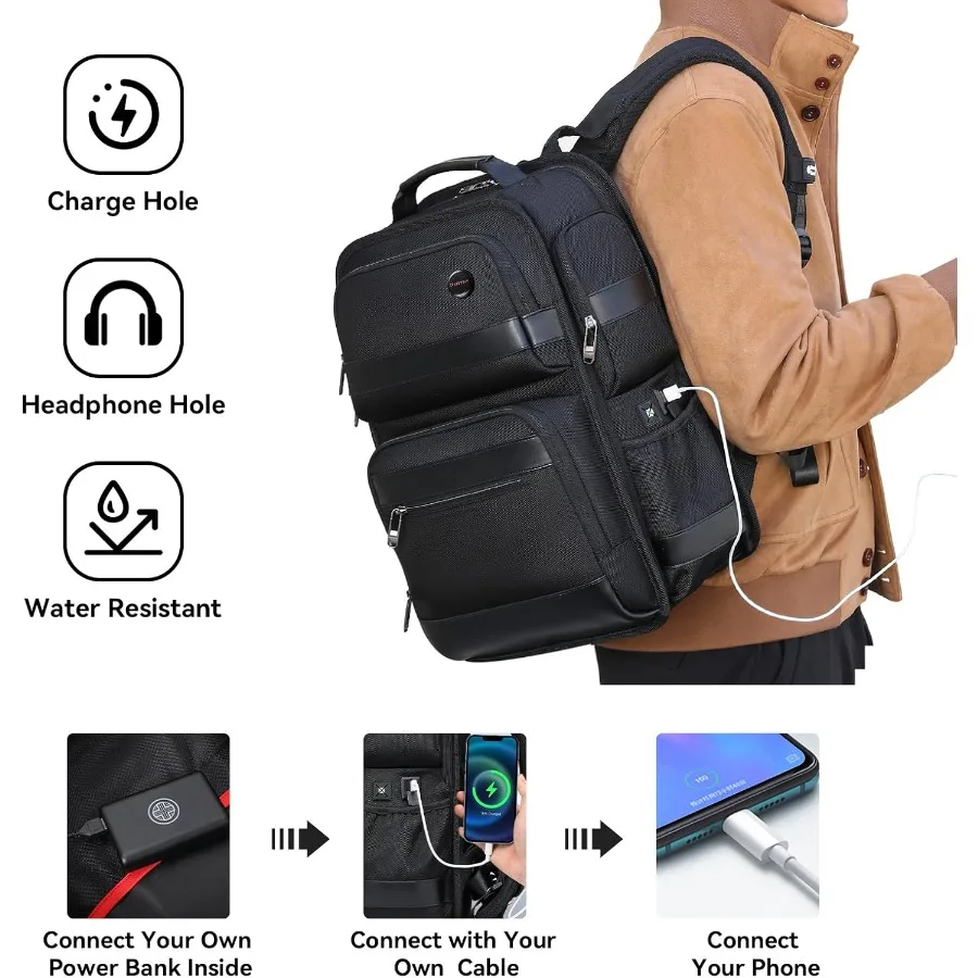حقيبة ظهر للكمبيوتر المحمول للأعمال للرجال، حقيبة ظهر للسفر تناسب مقاس 16 بوصة، حقائب نهارية كاجوال للكمبيوتر، منفذ شحن USB للمياه