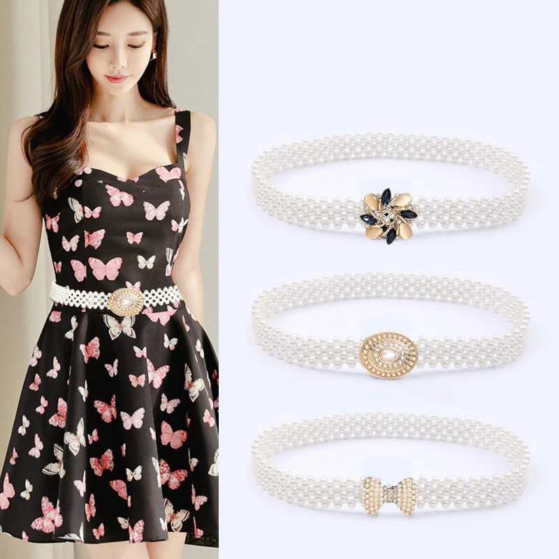 Ladies' Elastic Thin Waistband With Pearl Rhinestone Waist Chain Simple Korean Style Drawstring Belt Women Apparel Accessories