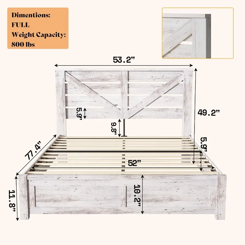 Full size farmhouse bed frame, 49.2 