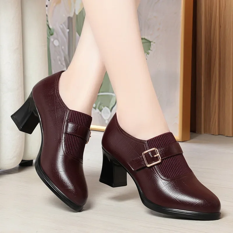 6cm Comfortable Deep Mouth Soft Leather Shoes Women Pumps 2024 Spring Med Block Heels Shoes for Office Mom Model Daily