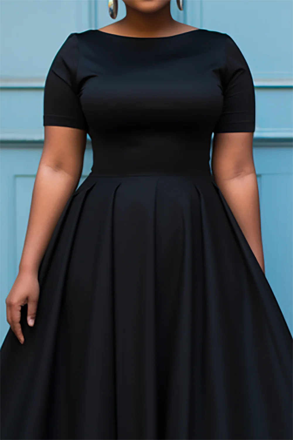 Plus Size Elegant Semi Formal dress Black Round Neck A-Line Short Sleeve Midi Dresses