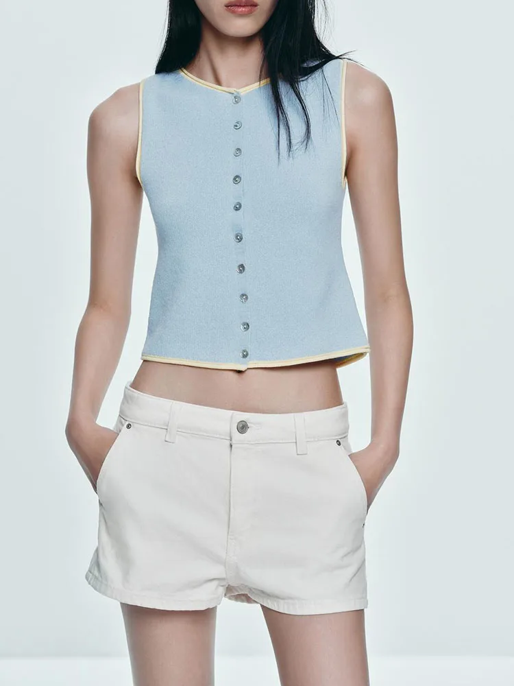 

Осень 2023, новый женский вязаный топ без рукавов, круглый многослойный топ, повседневный, длина, застежка на пуговицы, мода для девочек