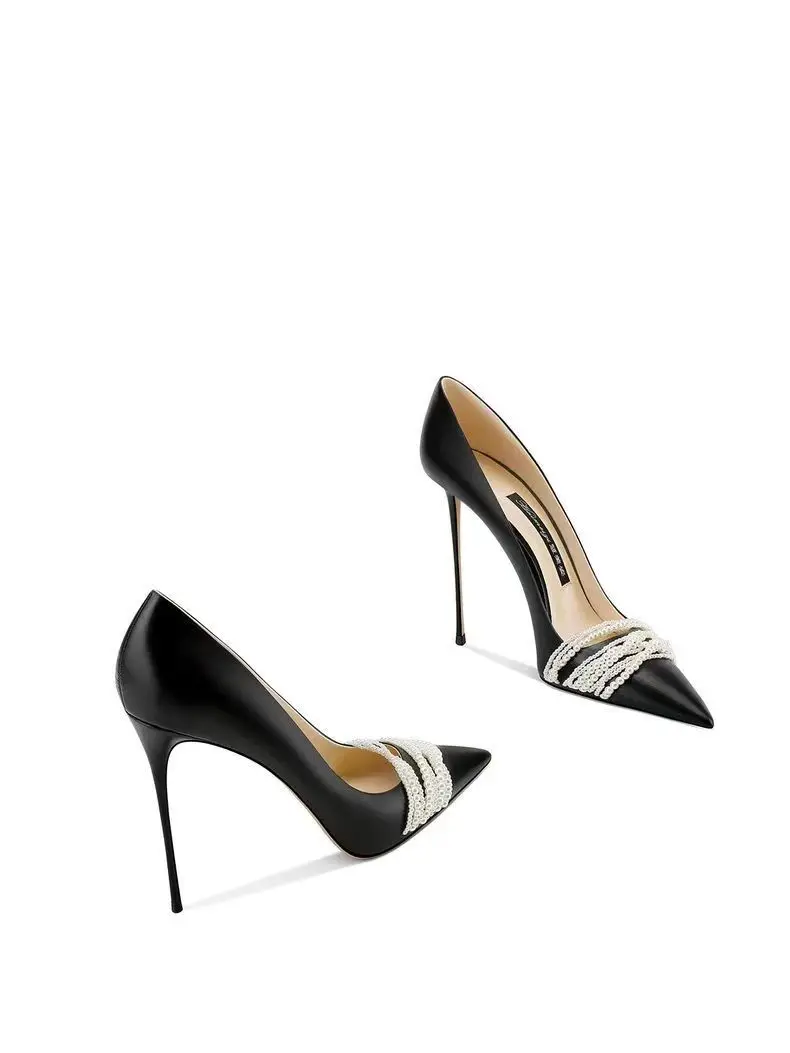 

Genuine Leather Black Pearl Pointed Toe Women's Shoes High Heels 2025 New Style Women Single Shoes