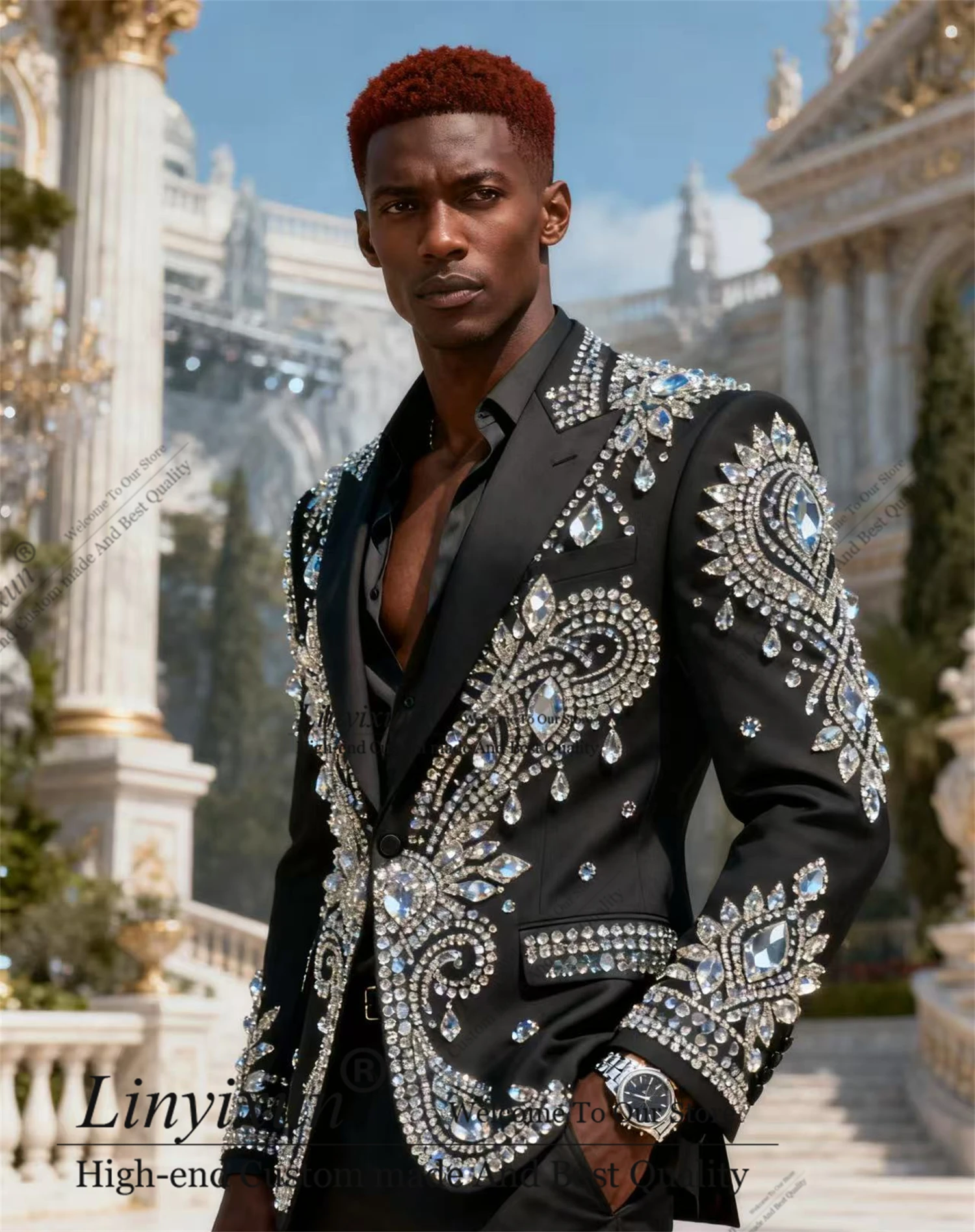 

Elegace Ornament Rhinestones Men Suits 2 Pieces Sets Groom Male Blazers Formal Customized Wedding Tuxedos Slim Fit Ropa hombre