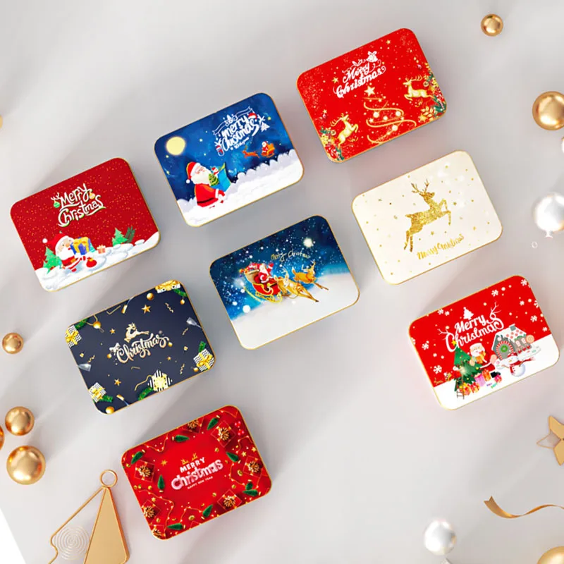 Christmas Square Tinplate Candy Box Empty Cookie Storage Tin For 2024 Xmas Candy Biscuit Bag Party Treat Gift Packaging Decorate