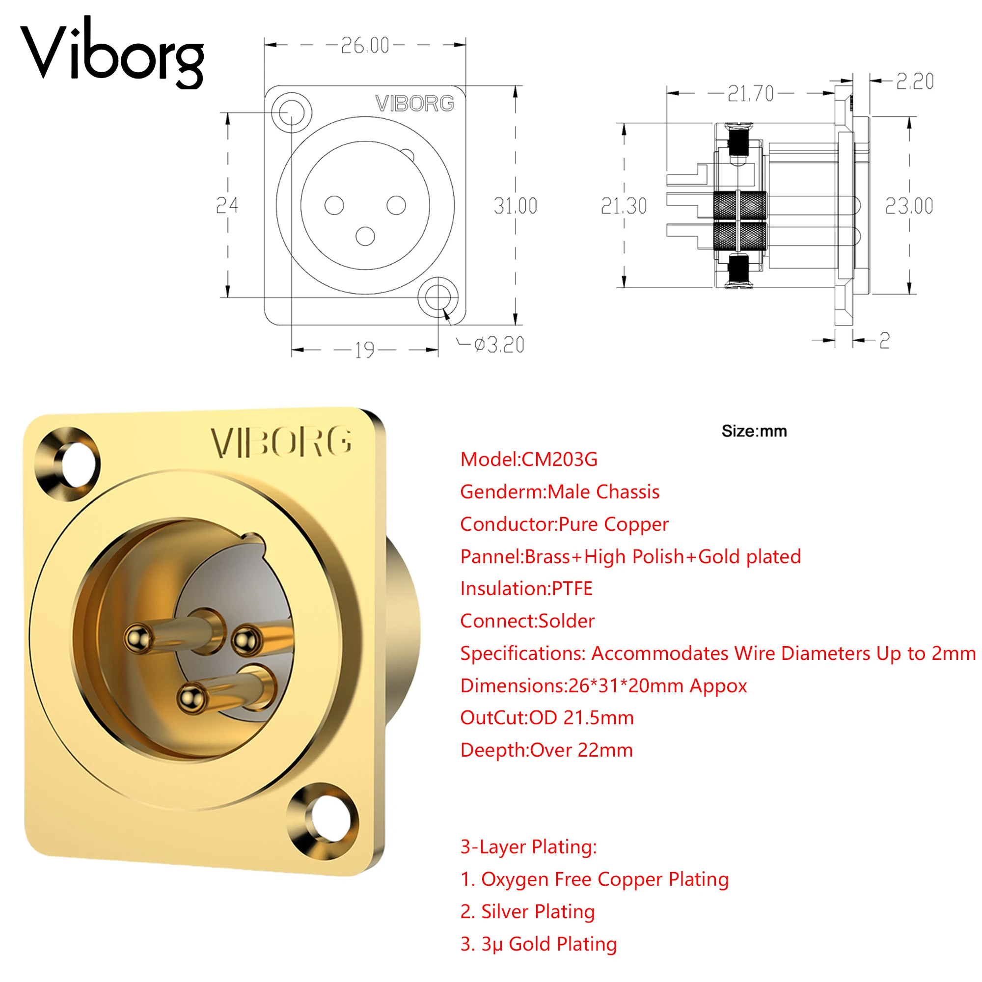 1pc Viborg CM203G CF203G CF203R Reinem Kupfer Gold XLR 3pin Männlich Weiblich Panel Mount Buchse XLR Ausgewogene Stecker kopfhörer AMP DIY – Detail 3