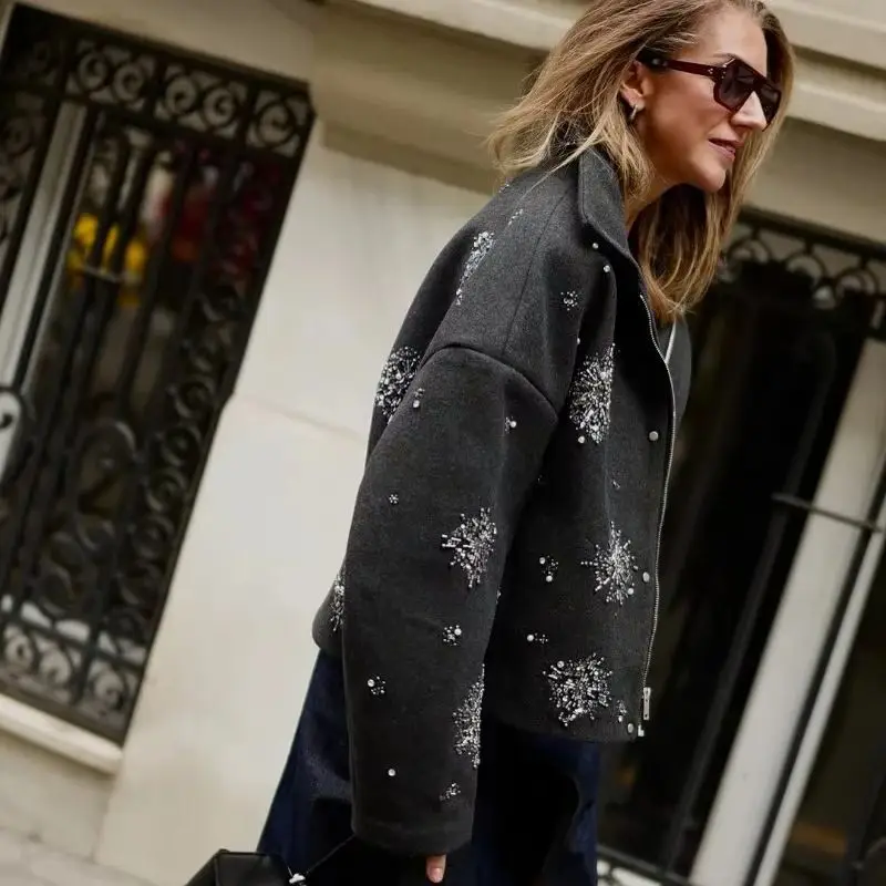 

Женская однобортная куртка большого размера, острое уличное пальто с воротником-стойкой и цветочными пайетками, модная верхняя одежда